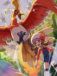 Rule 34 | 1girl, beak, brown eyes, brown hair, cabbie hat, creatures (company), feathers, flying, game freak, gen 2 pokemon, hat, highres, ho-oh, holding, holding poke ball, inana umi, legendary pokemon, looking at another, lyra (pokemon), nintendo, open mouth, overalls, poke ball, poke ball (basic), pokemon, pokemon (creature), pokemon hgss, rainbow feather (pokemon), standing, twintails, wings
