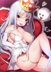 Rule 34 | 1girl, :d, bare shoulders, boo (mario), cisyo, clothes pull, collarbone, commentary, dress, dress pull, earrings, elbow gloves, fangs, frilled gloves, frilled pillow, frills, glint, gloves, hair between eyes, head tilt, heart, highres, jewelry, long hair, looking at viewer, luigi&#039;s mansion, mario (series), new super mario bros. u deluxe, nintendo, no panties, open mouth, pillow, princess king boo, red eyes, sharp teeth, signature, silver hair, sitting, sleeveless, sleeveless dress, smile, super crown, teeth, tongue, tongue out, very long hair, white dress, white gloves