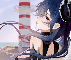 Rule 34 | 1girl, artist name, august von parseval (azur lane), azur lane, bare shoulders, black horns, breasts, day, from behind, highres, horns, large breasts, lighthouse, long hair, looking at viewer, looking back, outdoors, purple eyes, purple hair, solo, tiatan, upper body, water