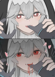 Rule 34 | 1girl, absurdres, arknights, biting, black headwear, blood, blush, doctor (arknights), finger biting, finger in another&#039;s mouth, gloves, grey hair, habit, hair between eyes, hands on another&#039;s face, heart, highres, looking at viewer, nun, open mouth, pov, pov hands, red eyes, sharp teeth, snoot challenge, solo, specter (arknights), teeth, upper teeth only, wawamachi (wawamachis)