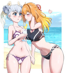 Rule 34 | 2girls, artist name, beach, bikini, blonde hair, blue eyes, blush, breast press, breasts, closed eyes, curly hair, dated, drinking, embarrassed, fiora (xenoblade), gluteal fold, grey hair, head wings, heart, highres, holding hands, large breasts, leaning forward, long hair, melia antiqua, mercury xeno, multiple girls, outdoors, side-tie bikini bottom, swimsuit, twitter username, water, wings, xenoblade chronicles (series), xenoblade chronicles 1, yuri