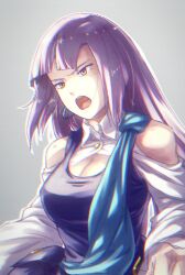 Rule 34 | 1girl, angry, blue tank top, breasts, cleavage, clothing cutout, gundam, gundam zz, highres, long hair, medium breasts, open mouth, purple eyes, purple hair, roux louka, shoulder cutout, smile, solo, spandex, tamago tomato, tank top, upper body, yellow eyes