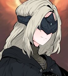 Rule 34 | 1girl, black cloak, blonde hair, cloak, closed mouth, commentary, covered eyes, dark souls (series), dark souls iii, english commentary, eye mask, fire keeper, highres, light smile, looking at viewer, orange background, parted bangs, smile, solo, tavi (hosheezus)