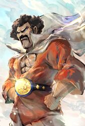 Rule 34 | 1boy, abs, absurdres, arm hair, artist name, black hair, blue eyes, cape, championship belt, cleft chin, day, dragon ball, dragonball z, facial hair, glint, hands on own hips, highres, ikuyoan, male focus, mr. satan, muscular, muscular male, mustache, outdoors, solo, standing, white cape