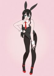 Rule 34 | 1girl, alternate costume, animal ears, bad id, bad twitter id, black hair, black leotard, black pantyhose, breasts, contrapposto, detached collar, fake animal ears, full body, glasses, green eyes, hand on own hip, high heels, kantai collection, leotard, long hair, looking at viewer, necktie, ojipon, ooyodo (kancolle), pantyhose, pink background, playboy bunny, rabbit ears, rabbit tail, red footwear, red necktie, semi-rimless eyewear, simple background, small breasts, solo, standing, strapless, strapless leotard, tail, thighband pantyhose, wrist cuffs