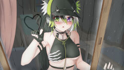 Rule 34 | 1girl, against glass, bare shoulders, baseball cap, black gloves, black hair, black hat, blush, breasts, collarbone, commentary, commission, curtains, english commentary, fingerless gloves, from outside, glass writing, gloves, green eyes, grey hair, hand up, hat, headphones, heart, heterochromia, highres, indoors, long hair, medium breasts, multicolored hair, original, parted lips, prophosphere, purple eyes, rain, skeletal hand, solo, streaked hair, two-tone hair, underboob, upper body, very long hair, white hair, window