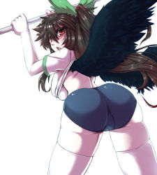 Rule 34 | 1girl, alternate costume, ass, black thighhighs, blush, bow, breasts, brown hair, buruma, clothes lift, from behind, gym uniform, hair bow, kuon yashiro, large breasts, long hair, looking back, red eyes, reiuji utsuho, shirt lift, solo, thighhighs, touhou, underboob, wings