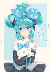 Rule 34 | 1girl, bare shoulders, black skirt, black sleeves, bow, cinnamiku, cinnamoroll, collared shirt, commentary, detached sleeves, ear bow, frilled sleeves, frills, green bow, green eyes, green hair, grey shirt, hair between eyes, hair ornament, hatsune miku, headphones, highres, holding, huge bow, pleated skirt, sanrio, shirt, shoulder tattoo, skirt, smile, solo, tattoo, tomathao, upper body, vocaloid