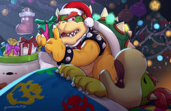 Rule 34 | 2boys, armlet, balloon, bowser, bowser jr., candy, candy cane, christmas, christmas ornaments, christmas tree, father and son, finger to mouth, food, gift, glowing, gonzarez, hat, koopa clown car, male focus, mario (series), multiple boys, nintendo, pom pom (clothes), santa costume, santa hat, shushing, sleeping, spiked armlet, super bell, super star (mario)