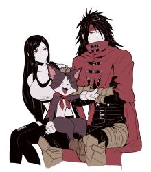 1girl 2boys animal_ears belt black_belt black_hair black_skirt cait_sith_(final_fantasy) cat_ears cloak closed_eyes covered_mouth crossed_arms crown final_fantasy final_fantasy_vii final_fantasy_vii_rebirth final_fantasy_vii_remake handkerchief highres igusaharu long_hair multiple_boys open_mouth pointing red_cloak red_eyes shirt simple_background sitting skirt tifa_lockhart very_long_hair vincent_valentine white_background white_shirt