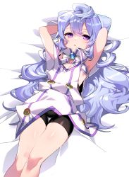 Rule 34 | 1boy, ahoge, anpolly, armpits, arms up, bike shorts, detached collar, hacka doll, hacka doll 3, hair between eyes, highres, light purple hair, long hair, lying, male focus, on back, on bed, parted lips, purple eyes, sleeveless, solo, thigh gap, trap, wavy hair