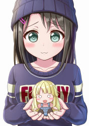 Rule 34 | 1girl, :3, :d, bang dream!, beanie, black hair, blonde hair, blue headwear, blue sweater, blush, breasts, character doll, clothes writing, collarbone, commentary request, doll, green eyes, hair ornament, hairclip, hat, highres, holding, holding doll, lilium443, long hair, long sleeves, looking at viewer, medium breasts, medium hair, o o, okusawa misaki, open mouth, overall shorts, overalls, shirt, sidelocks, simple background, smile, solo focus, striped clothes, striped shirt, sweater, swept bangs, tsurumaki kokoro, upper body, white background
