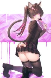 Rule 34 | 1girl, animal ears, ass, black footwear, black jacket, black skirt, black thighhighs, blazer, brown hair, candy, cat ears, cat girl, cat tail, commentary, food, heart, highres, holding, holding candy, holding food, holding lollipop, jacket, kneeling, lollipop, long hair, long sleeves, looking at viewer, looking back, miniskirt, multicolored hair, nail polish, original, pink eyes, plaid, plaid skirt, pleated skirt, school uniform, shoes, skirt, slit pupils, solo, tail, tail raised, thighhighs, tokki, tongue, tongue out, twintails, two-tone hair, zettai ryouiki