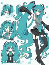 Rule 34 | 1girl, ^ ^, aqua eyes, aqua hair, aqua necktie, black skirt, black sleeves, black thighhighs, blush, boots, closed eyes, collared shirt, detached sleeves, double v, full body, grey shirt, hair between eyes, hair lift, hand in own hair, hand up, hatsune miku, headphones, headset, highres, long hair, looking at viewer, minazuki (minaduki 0318), multiple views, necktie, open mouth, pleated skirt, shirt, skirt, sleeveless, sleeveless shirt, smile, spring onion, thigh boots, thighhighs, twintails, v, very long hair, vocaloid, wavy hair, zettai ryouiki