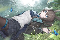 Rule 34 | 1girl, absurdres, amiya (arknights), animal ears, arknights, black jacket, blue butterfly, blue eyes, breasts, brown hair, brown pantyhose, bug, butterfly, closed mouth, commentary request, dutch angle, hair between eyes, highres, huge filesize, insect, jacket, jewelry, long hair, long sleeves, looking at viewer, lying, medium breasts, miniskirt, nature, on back, open clothes, open jacket, outdoors, pantyhose, plaid, plaid skirt, plant, pleated skirt, rabbit ears, ring, shirt, sidelocks, skirt, smile, solo, tantan (xrvf2288), thigh strap, white shirt