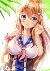 Rule 34 | 1girl, backlighting, bad id, bad pixiv id, blue eyes, blue sailor collar, blush, breasts, brown hair, collarbone, hair between eyes, hair ornament, hairclip, hands up, highres, large breasts, long hair, looking at viewer, neckerchief, open mouth, original, pink neckerchief, plaid, plaid sailor collar, sailor collar, shirt, short sleeves, solo, star (symbol), star hair ornament, upper body, very long hair, white background, white shirt, wrist cuffs, xenon (for achieve)