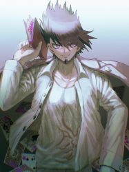 Rule 34 | 1boy, blood, book, card, collarbone, commentary request, danganronpa (series), danganronpa v3: killing harmony, facial hair, goatee, gradient background, grey background, grey shirt, hand up, highres, holding, holding book, jacket, long sleeves, male focus, momota kaito, open clothes, open jacket, open shirt, pink blood, pink eyes, playing card, print shirt, shirt, short hair, smile, upper body, visket53, white shirt