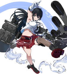 Rule 34 | 1girl, absurdres, adapted turret, agano (kancolle), anchor symbol, artillery, asymmetrical legwear, black hair, black sailor collar, blush, breasts, cannon, cleavage, gegeron, gloves, green eyes, highres, kantai collection, kicking, large breasts, long hair, machinery, mast, navel, necktie, open mouth, pleated skirt, red skirt, rigging, sailor collar, school uniform, serafuku, signature, single thighhigh, skirt, sleeveless, smokestack, solo, thighhighs, torpedo launcher, torpedo tubes, turret, uneven legwear, white background, white gloves