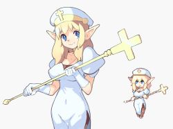 Rule 34 | 1girl, blonde hair, blue eyes, breasts, brown pantyhose, cleavage, closed mouth, covered navel, cowboy shot, cross, dress, elf, gloves, grey background, hat, holding, large breasts, latin cross, looking at viewer, original, pantyhose, pixel art, pointy ears, simple background, smile, solo, standing, vins-mousseux, white dress, white gloves, white hat
