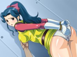 Rule 34 | 1girl, ass, bdsm, blue hair, bondage, bottomless, bound, bound wrists, grabbing another&#039;s breast, breasts, brown eyes, choudenji machine voltes v, clothes lift, dutch angle, grabbing, long hair, monteriakitto, oka megumi, panties, ponytail, rope, shiny clothes, shiny skin, skirt, skirt lift, solo focus, underwear