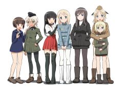 Rule 34 | 507th joint fighter wing, 6+girls, anabuki tomoko, black eyes, black footwear, black hair, black headwear, black jacket, black legwear, black neckerchief, black ribbon, black shirt, blonde hair, blouse, blue eyes, blue jacket, blue sailor collar, blue shirt, blunt bangs, blush, bob cut, book, boots, brown eyes, brown footwear, brown hair, brown headwear, brown jacket, closed mouth, commentary request, elizabeth f. beurling, elma leivonen, frown, garrison cap, giuseppina ciuinni, glasses, green eyes, green jacket, hair ribbon, hakama, hakama short skirt, hakama skirt, hand on own hip, hands in pockets, hands on another&#039;s shoulders, hat, holding, holding book, hug, hug from behind, interlocked fingers, jacket, japanese clothes, kaneko (novram58), katharine ohare, layered sleeves, light smile, long hair, long sleeves, looking at viewer, medium hair, military, military hat, military uniform, miniskirt, multiple girls, neckerchief, no pants, no socks, open mouth, own hands together, pantyhose, red skirt, ribbon, round eyewear, sailor collar, sakomizu haruka, sandals, shadow, shirt, shoes, short hair, short over long sleeves, short sleeves, silver hair, simple background, skirt, smile, standing, straight hair, strike witches: suomus misfits squadron, sweatdrop, tan, tearing up, thighhighs, uniform, ursula hartmann, v arms, white background, white footwear, white legwear, white shirt, world witches series, zipper