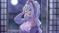 Rule 34 | 1girl, :d, applepie (12711019), blush, breasts, cleavage, commentary request, flower, full moon, hair flower, hair ornament, hairband, highres, idolmaster, idolmaster (classic), japanese clothes, kimono, large breasts, lens flare, long hair, looking at viewer, moon, night, night sky, open mouth, print kimono, purple eyes, red hairband, shijou takane, silver hair, sky, smile, solo, upper body