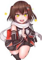 Rule 34 | + +, 1girl, black gloves, black necktie, black skirt, black thighhighs, brown eyes, brown hair, buttons, commentary request, cowboy shot, double-breasted, elbow gloves, fingerless gloves, gloves, highres, kantai collection, looking at viewer, necktie, night battle idiot, orange serafuku, scarf, school uniform, sendai (kancolle), sendai kai ni (kancolle), serafuku, simple background, single thighhigh, skirt, smile, solo, thighhighs, tiemu (man190), two side up, upper body, white background, white scarf