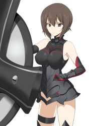 Rule 34 | 10s, 1girl, boots, breasts, brown eyes, brown hair, comic, commentary request, cosplay, dress, elbow gloves, fate/grand order, fate (series), girls und panzer, gloves, halcon, hand on own hip, highres, knee boots, large breasts, looking at viewer, mash kyrielight, matching hair/eyes, nishizumi maho, shadow, shielder (fate/grand order) (cosplay), short hair, simple background, sleeveless, sleeveless dress, solo, thigh strap, white background