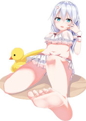 Rule 34 | 1girl, absurdres, aqua eyes, barefoot, benghuai xueyuan, bikini, blush, feet, floater (floater80012059), foot focus, gatari, gluteal fold, hair ornament, highres, honkai (series), looking at viewer, navel, open mouth, sand, silver hair, soles, solo, swimsuit, theresa apocalypse, toes