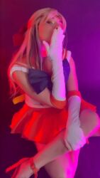 Rule 34 | 1girl, aino minako, animated, animated gif, bishoujo senshi sailor moon, blonde hair, blowing kiss, bow, clairedeadfield, cosplay, gloves, photo (medium), real life, red bow, sailor venus, sailor venus (cosplay), sitting