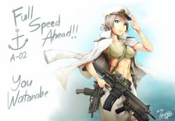 Rule 34 | 10s, 1girl, abs, assault rifle, blue eyes, breasts, character name, cleavage, collarbone, crop top, grenade launcher, grey hair, gun, h&amp;k hk416, h&amp;k mp7, hat, heckler &amp; koch, highres, hiroki ree, holding, holding gun, holding weapon, looking at viewer, love live!, love live! sunshine!!, m320, machine pistol, medium breasts, military, military uniform, modular weapon system, open clothes, open shirt, personal defense weapon, rifle, shirt, short hair, signature, skirt, solo, submachine gun, transforming weapon, under-barrel configuration, underbarrel grenade launcher, uniform, watanabe you, weapon, white hat, white shirt