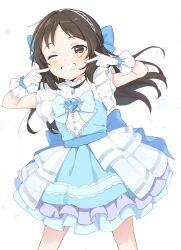 Rule 34 | 1girl, back bow, blue bow, blue dress, blush, bow, brooch, brown eyes, brown hair, chipochopo324, commentary, cowboy shot, dot nose, dress, dress bow, finger to cheek, frilled gloves, frilled sleeves, frills, gloves, grin, hair bow, hairband, heart, heart brooch, highres, huge bow, idol, idolmaster, idolmaster cinderella girls, idolmaster cinderella girls u149, jewelry, layered dress, legs apart, long hair, medium dress, multicolored clothes, multicolored dress, one eye closed, petals, pointing, pointing at self, see-through, short sleeves, sidelocks, simple background, smile, solo, standing, straight hair, symbol-only commentary, tachibana arisu, white background, white dress, white gloves, white hairband, wide sleeves, wrist straps