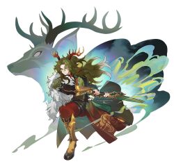 Rule 34 | 1boy, animal ears, antlers, arm guards, armor, artist name, belt, black belt, black footwear, black shirt, boots, cioccolatodorima, commentary, deer, deer antlers, deer boy, deer ears, earrings, english commentary, facial mark, feather boa, fighting stance, full body, gaiters, genshin impact, half updo, highres, holding, holding sword, holding weapon, horns, jewelry, long hair, long sleeves, looking ahead, male focus, moon carver (genshin impact), outstretched leg, pants, parted bangs, pauldrons, personification, red pants, serious, shirt, shoulder armor, single pauldron, sleeve garter, smoke, solo, sword, tassel, tassel earrings, thigh strap, waist cape, weapon, white background, yaopei, yellow eyes
