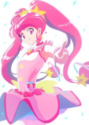 1girl absurdres ahoge blunt_bangs choker cure_star dress eaccount earrings hair_ornament highres hoop_earrings hoshina_hikaru jewelry long_hair looking_at_viewer magical_girl pink_choker pink_dress pink_eyes pink_hair pointing pointing_at_viewer pouch precure smile solo star_(symbol) star_hair_ornament star_twinkle_precure twintails very_long_hair white_background wrist_cuffs