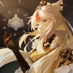 Rule 34 | 1girl, black gloves, blonde hair, bow-shaped hair, brown background, chaixiao cowl, claw ring, detached sleeves, dress, elbow gloves, floating, floating hair, floating object, from side, genshin impact, gloves, hair ornament, hair stick, hand up, highres, long hair, looking ahead, ningguang (genshin impact), orange eyes, parted bangs, shawl, smile, solo, tassel, tassel hair ornament, upper body, yellow dress