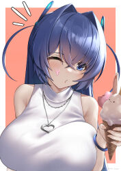Rule 34 | 1girl, absurdres, alternate costume, azur lane, bare shoulders, blue eyes, blue hair, blush, bracelet, breasts, collarbone, commentary, crossed bangs, food, food on face, hair between eyes, hair intakes, heart, heart necklace, highres, holding, holding food, holding ice cream, ice cream, ice cream cone, ice cream on face, irkawaza, jewelry, large breasts, long hair, looking at viewer, necklace, new jersey (azur lane), notice lines, shirt, sidelocks, sleeveless, sleeveless shirt, solo, standing, upper body, very long hair, white shirt