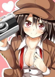 Rule 34 | 1girl, black hair, blouse, blush, breasts, brown hat, brown jacket, buttons, camera, cleavage, closed mouth, collarbone, collared shirt, hair between eyes, hat, heart, holding, holding camera, jacket, keyaki chimaki, long sleeves, looking at viewer, medium breasts, partially unbuttoned, red eyes, shameimaru aya, shameimaru aya (newsboy), shirt, short hair, smile, solo, touhou, upper body, white shirt