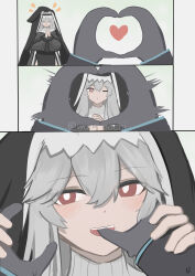 Rule 34 | 1girl, absurdres, arknights, black headwear, blush, doctor (arknights), finger in another&#039;s mouth, gloves, grey hair, habit, hair between eyes, hands on another&#039;s face, heart, heart hands, highres, looking at viewer, nun, open mouth, pov, pov hands, red eyes, snoot challenge, solo, specter (arknights), teeth, upper teeth only, wawamachi (wawamachis)
