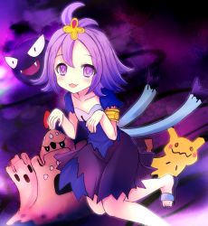 Rule 34 | 1girl, :3, :d, acerola (pokemon), armlet, bare arms, blush, bright pupils, collarbone, costume, creatures (company), dress, elite four, eyes visible through hair, flat chest, flipped hair, game freak, gastly, gen 1 pokemon, gen 7 pokemon, hair between eyes, hair ornament, leg up, looking at viewer, mimikyu, nintendo, open mouth, palossand, pikachu costume, pokemon, pokemon (creature), pokemon sm, purple background, purple eyes, purple hair, purple theme, sand, sand castle, sand sculpture, sandals, short hair, short sleeves, shovel, smile, standing, standing on one leg, stitches, tareme, terimuku, terimuku., toenails, tongue, topknot, torn clothes, torn dress, torn sleeves, trial captain, worktool, z-move