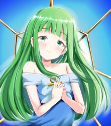 Rule 34 | 1girl, andrew (duel angel), ankh, bare shoulders, blue dress, blush, breasts, commentary, dian keto the cure maiden, dress, duel monster, eyes visible through hair, flat chest, green eyes, green hair, highres, long hair, looking at viewer, own hands together, praying, smile, yu-gi-oh!, yu-gi-oh! go rush!!, yu-gi-oh! rush duel