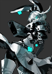 Rule 34 | 1girl, blue eyes, boots, clover, collar, dress, earrings, elphelt valentine, expressionless, fingerless gloves, flower, four-leaf clover, gloves, glowing, glowing eyes, grey hair, guilty gear, guilty gear xrd, gun, hairband, handgun, hat, highres, jewelry, limited palette, looking at viewer, looking back, monochrome, revolver, short hair, simple background, solo, spikes, suzunashi, veil, weapon, white hair