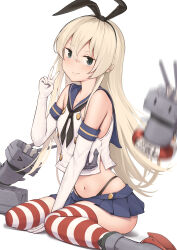 Rule 34 | 1girl, absurdres, ass, black neckerchief, black panties, blonde hair, blue sailor collar, blue skirt, blush, closed mouth, crop top, driftkingtw, elbow gloves, gloves, grey eyes, hair between eyes, highleg, highleg panties, highres, kantai collection, long hair, looking at viewer, navel, neckerchief, panties, pleated skirt, rensouhou-chan, rudder footwear, sailor collar, shimakaze (kancolle), simple background, skirt, sleeveless, smile, striped clothes, striped thighhighs, thighhighs, underwear, v, white background, white gloves