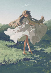Rule 34 | 1girl, :d, barefoot, blue sky, brown hair, closed eyes, clothes lift, dress, dress lift, grass, hands up, highres, long hair, looking at viewer, open mouth, original, outdoors, potg (piotegu), short sleeves, sky, smile, solo, standing, white dress