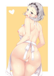 Rule 34 | 1girl, absurdres, apron, ass, back, back turned, breasts, censored, cleft of venus, fire emblem, fire emblem fates, grey hair, hairband, heart, heart censor, highres, medium breasts, medium hair, nabunabu, naked apron, nintendo, nipple slip, nipples, open mouth, pussy, sophie (fire emblem), upper body