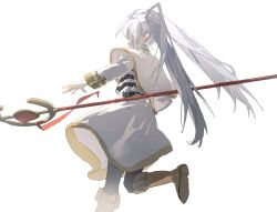 Rule 34 | 1girl, boots, brown footwear, capelet, dress, elf, eliza 804, frieren, from behind, highres, knee boots, long hair, mage staff, pointy ears, simple background, solo, sousou no frieren, twintails, walking, white background, white capelet, white dress, white hair