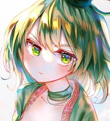 Rule 34 | 1girl, closed mouth, collarbone, green eyes, green hair, itsumizu, jewelry, looking at viewer, necklace, short hair, simple background, soga no tojiko, solo, touhou, upper body, v-shaped eyebrows, white background