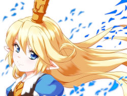 Rule 34 | 1girl, blonde hair, blue eyes, charlotta (granblue fantasy), closed mouth, commentary request, crown, floating hair, from side, granblue fantasy, hair between eyes, harvin, highres, long hair, looking at viewer, pointy ears, smile, solo, tiyano, upper body, white background