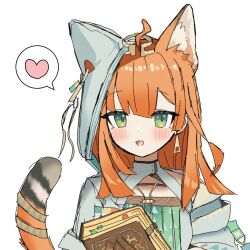 1girl animal_ears arknights blush book commentary dress earrings ears_under_headwear green_eyes hair_ornament heart highres holding holding_book hood hooded_dress jewelry long_hair looking_at_viewer open_mouth orange_hair orange_tail papyrus_(arknights) roi_423 simple_background smile solo spoken_heart tail tail_ornament tail_ring upper_body uroko_(pattern) white_background white_dress