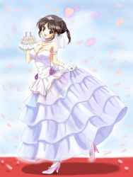 Rule 34 | 1girl, :d, alternate costume, bare shoulders, black eyes, breasts, bridal veil, brown hair, choker, cleavage, clothes lift, cup, dress, full body, garter straps, heart, high heels, highres, jewelry, kinfuji, large breasts, lifted by self, long dress, long hair, long skirt, looking at viewer, necklace, open mouth, original, petals, pink footwear, see-through, see-through skirt, skirt, skirt lift, smile, solo, thighhighs, tiara, touge chayako, veil, wedding dress, white dress, yunomi