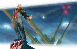 Rule 34 | 1boy, absurdres, aircraft, cannon, capcom, center opening, dark-skinned male, dark skin, facial mark, forehead mark, formal, grey hair, highres, looking at viewer, male focus, official art, official wallpaper, pectorals, searchlight, solo, street fighter, street fighter v, suit, urien, wallpaper